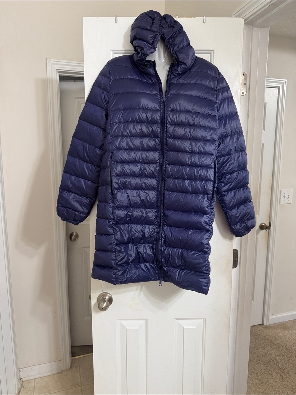 Long Quilted Hooded Puffer Coat in Navy